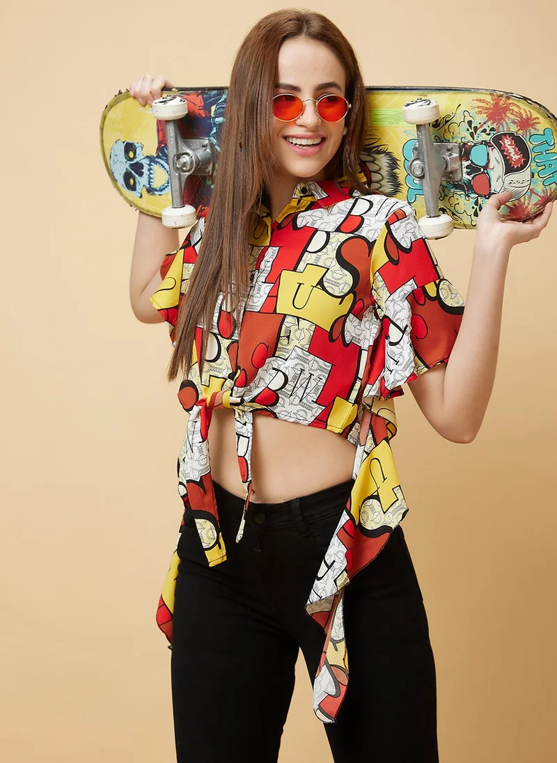 globus Globus Women Typography Printed Flared Sleeves Waist Tie-Ups Shirt Style Crop Top